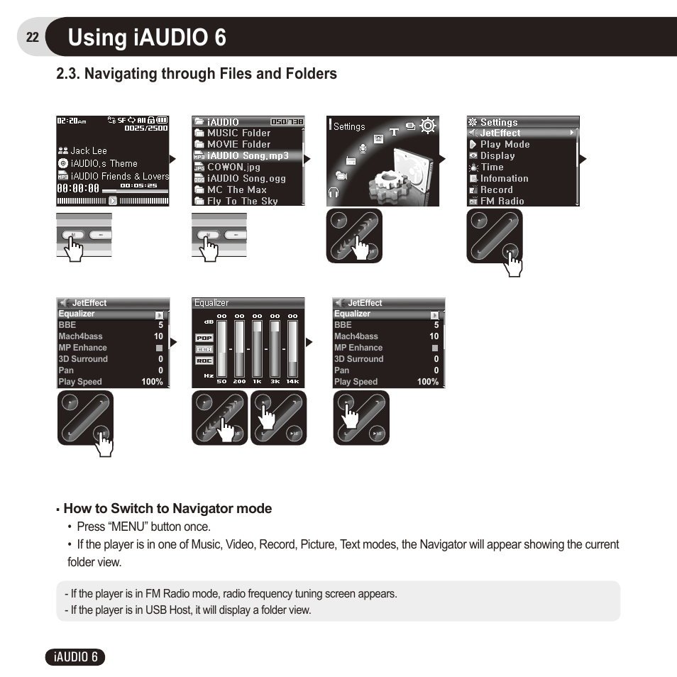 Using iaudio 6, Navigating through files and folders, 22 iaudio 6 | How to switch to navigator mode | Cowon Systems 6 User Manual | Page 22 / 62