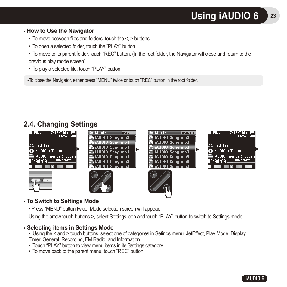 Using iaudio 6, Changing settings | Cowon Systems 6 User Manual | Page 23 / 62