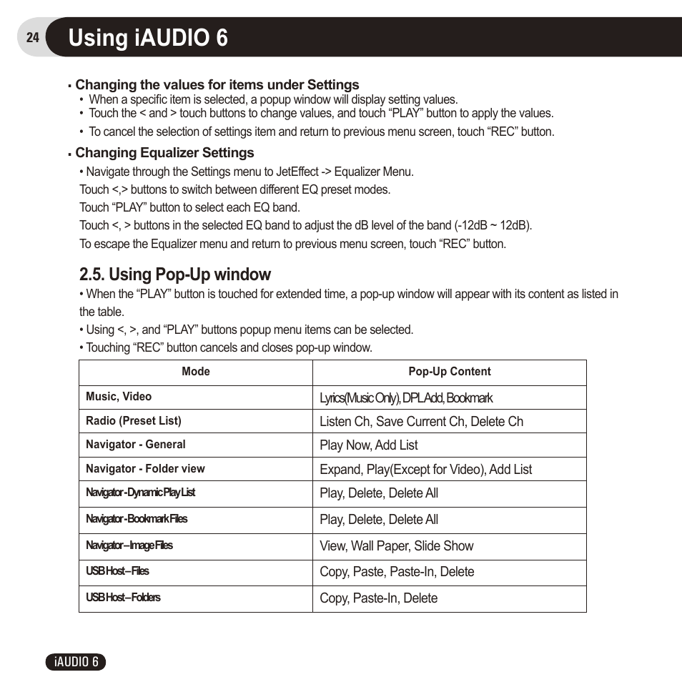 Using iaudio 6, Using pop-up window | Cowon Systems 6 User Manual | Page 24 / 62