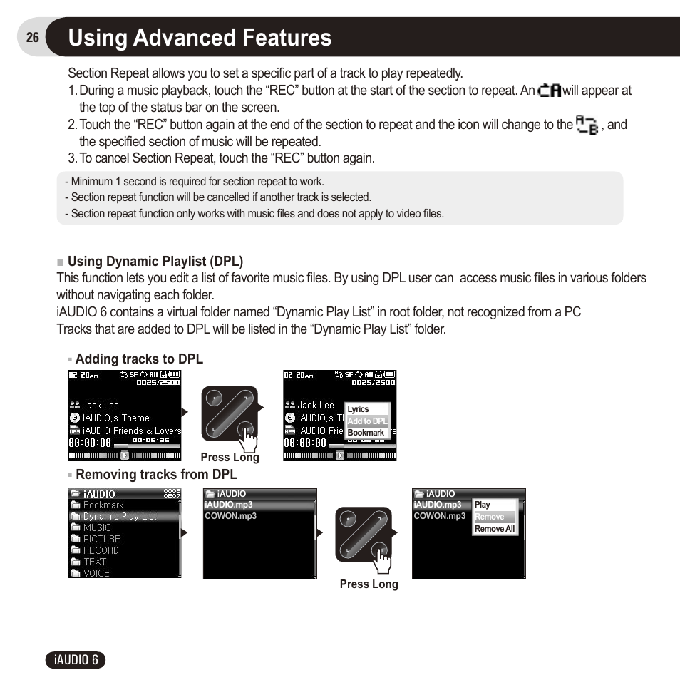 Using advanced features | Cowon Systems 6 User Manual | Page 26 / 62