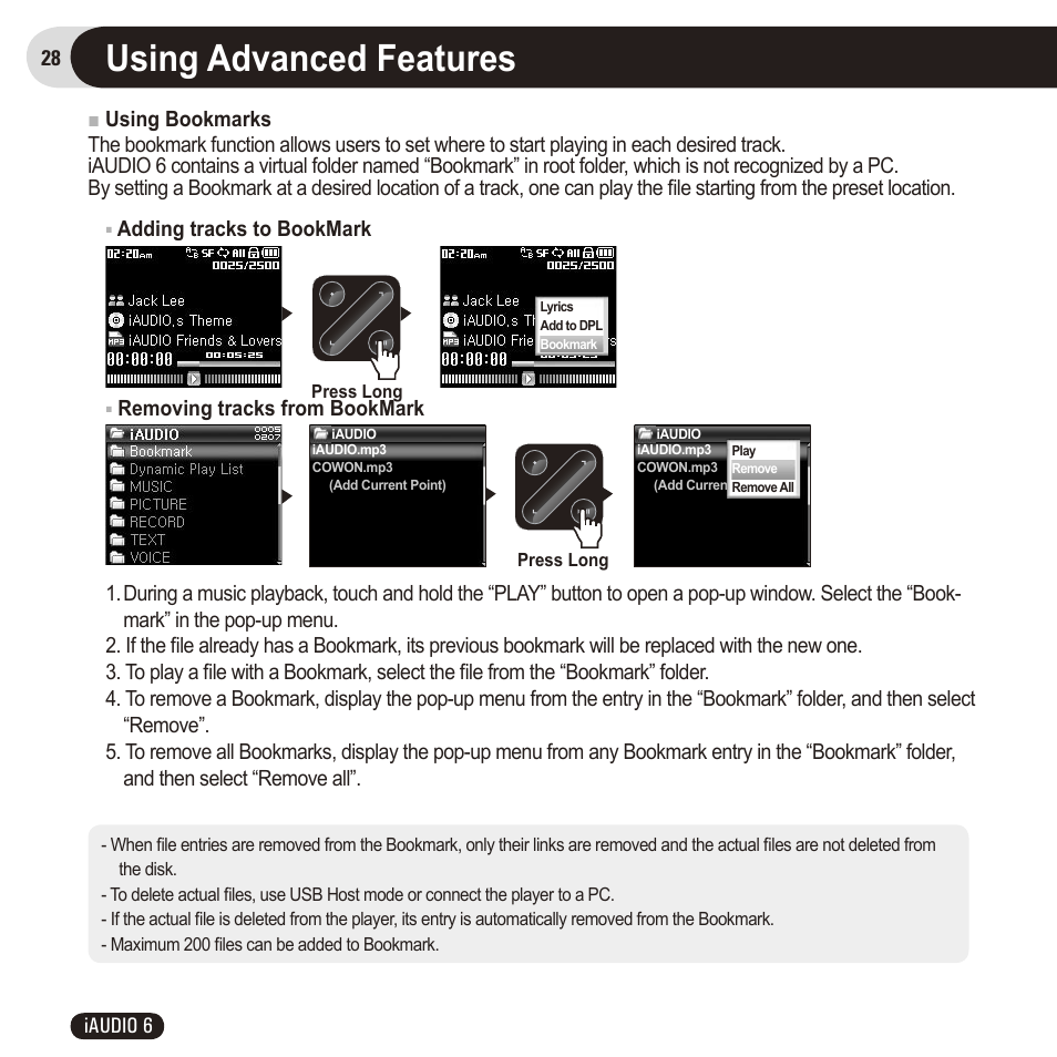 Using advanced features | Cowon Systems 6 User Manual | Page 28 / 62