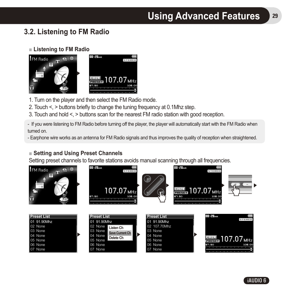 Using advanced features, Listening to fm radio, 29 iaudio 6 | Cowon Systems 6 User Manual | Page 29 / 62