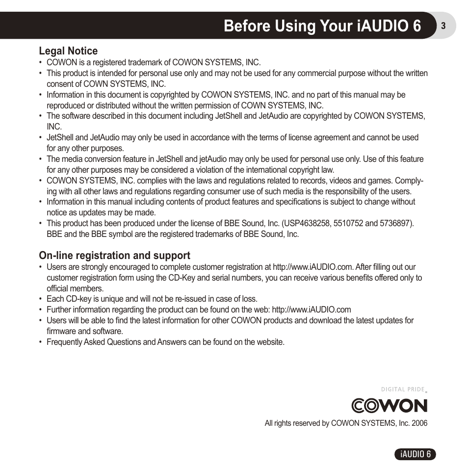 Before using your iaudio 6, Legal notice, On-line registration and support | Cowon Systems 6 User Manual | Page 3 / 62