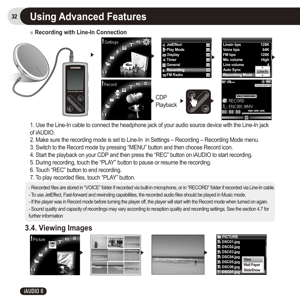 Using advanced features, Viewing images, 32 iaudio 6 | Cdp playback | Cowon Systems 6 User Manual | Page 32 / 62