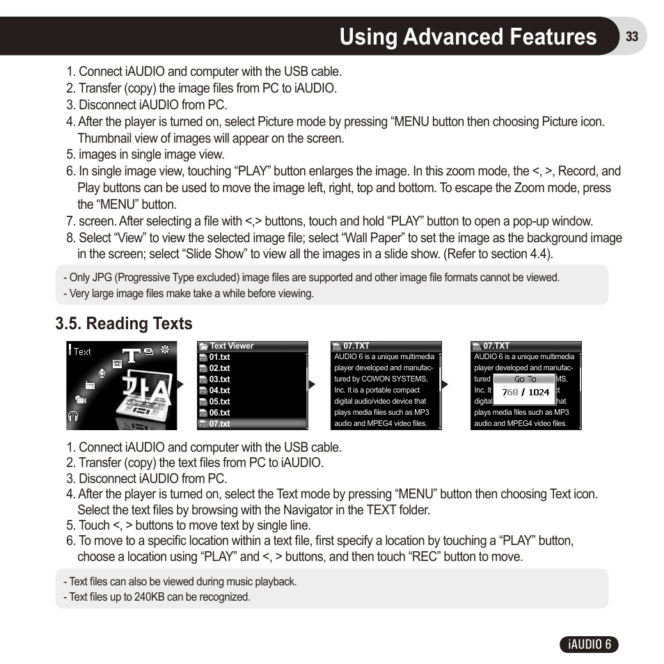 Using advanced features, Reading texts | Cowon Systems 6 User Manual | Page 33 / 62