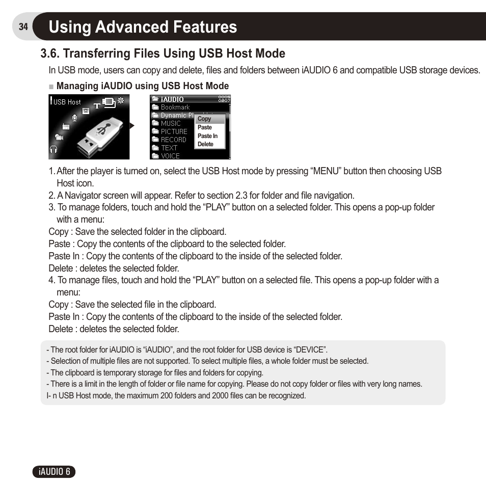 Using advanced features, Transferring files using usb host mode | Cowon Systems 6 User Manual | Page 34 / 62