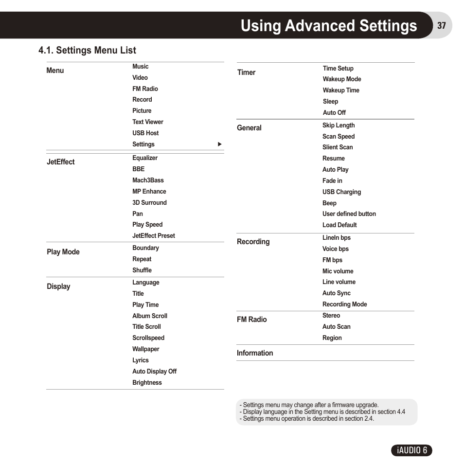 Using advanced settings, Settings menu list, 37 iaudio 6 | Cowon Systems 6 User Manual | Page 37 / 62