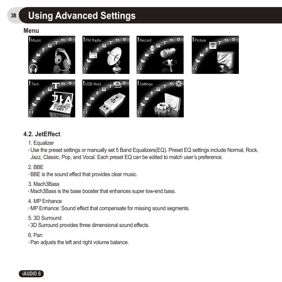 Using advanced settings, Menu 4.2. jeteffect | Cowon Systems 6 User Manual | Page 38 / 62