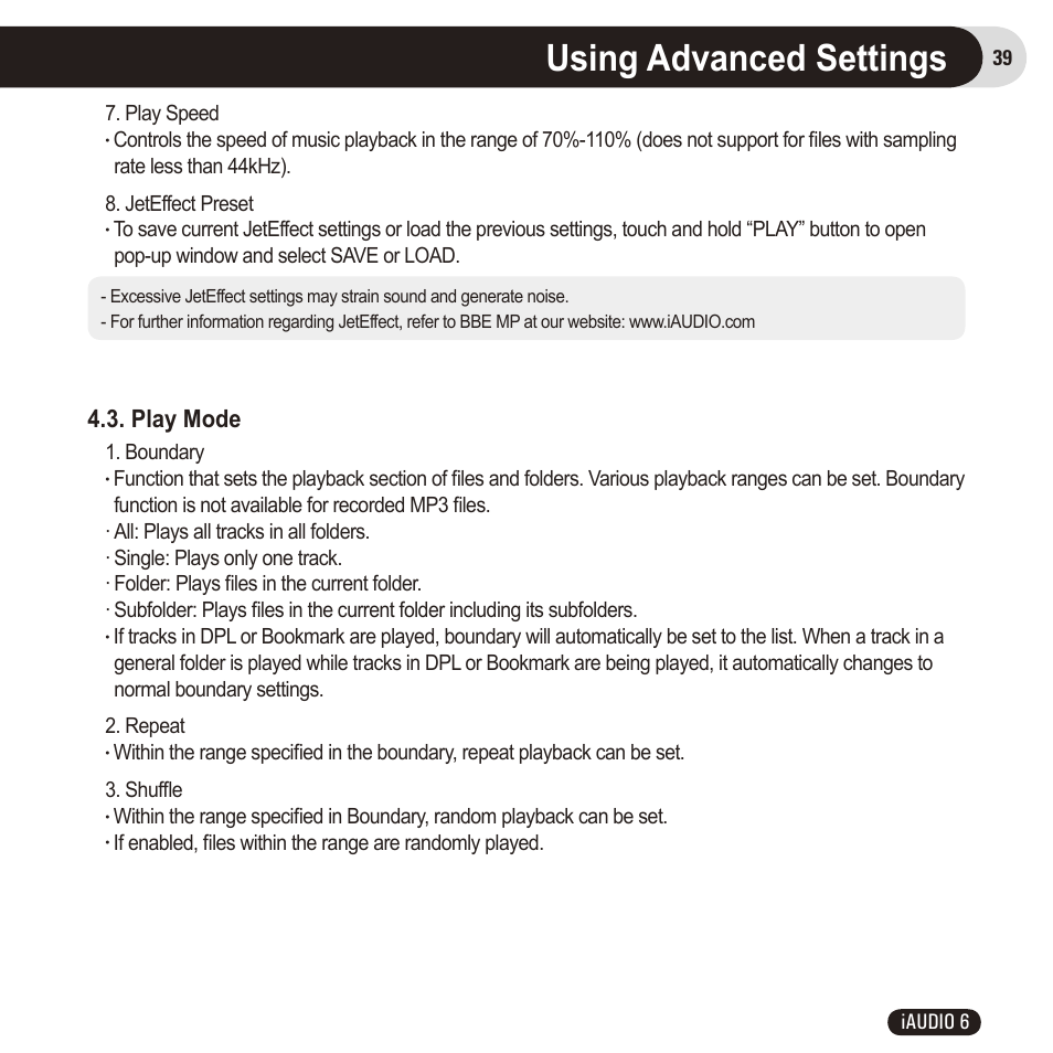 Using advanced settings, Play mode | Cowon Systems 6 User Manual | Page 39 / 62