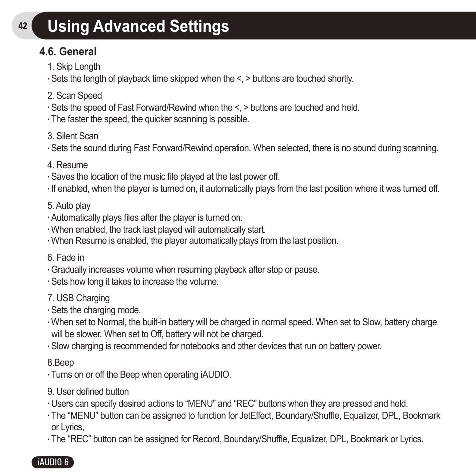 Using advanced settings, General, 42 iaudio 6 | Skip length, Sets the charging mode | Cowon Systems 6 User Manual | Page 42 / 62