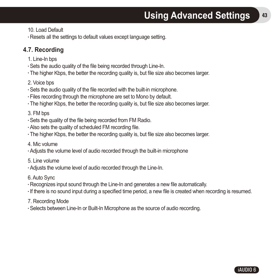 Using advanced settings, Recording, 43 iaudio 6 1. line-in bps | Load default | Cowon Systems 6 User Manual | Page 43 / 62