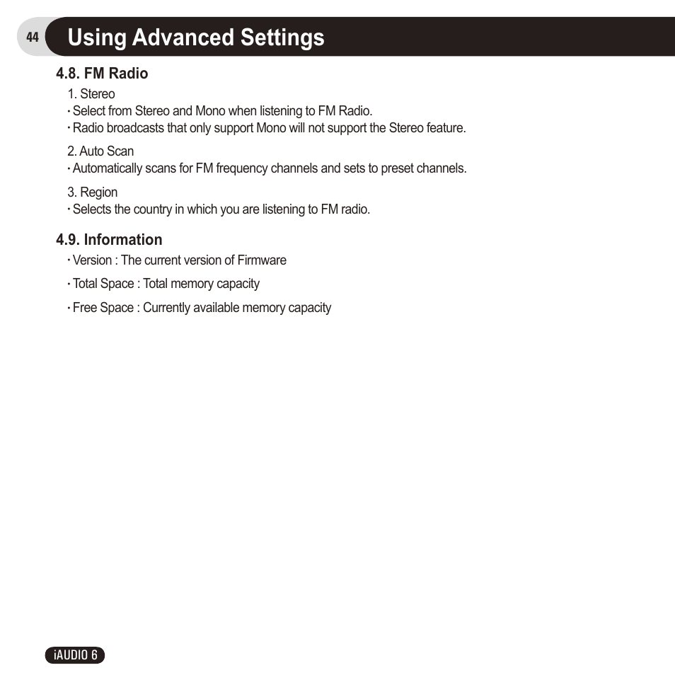 Using advanced settings, Fm radio, Information | Cowon Systems 6 User Manual | Page 44 / 62