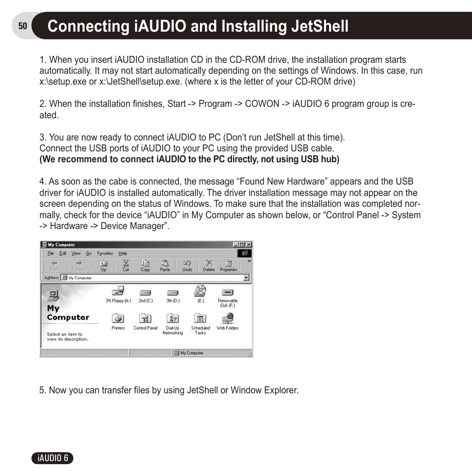 Connecting iaudio and installing jetshell | Cowon Systems 6 User Manual | Page 50 / 62