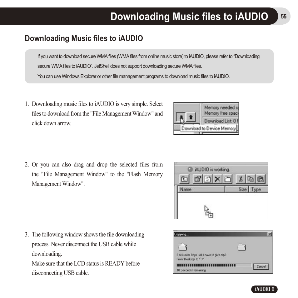 Downloading music ﬁles to iaudio | Cowon Systems 6 User Manual | Page 55 / 62