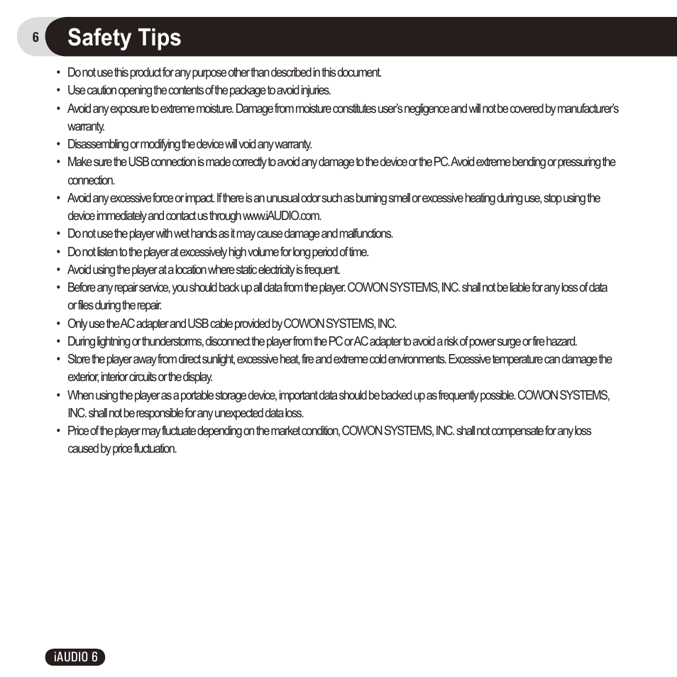 Safety tips | Cowon Systems 6 User Manual | Page 6 / 62