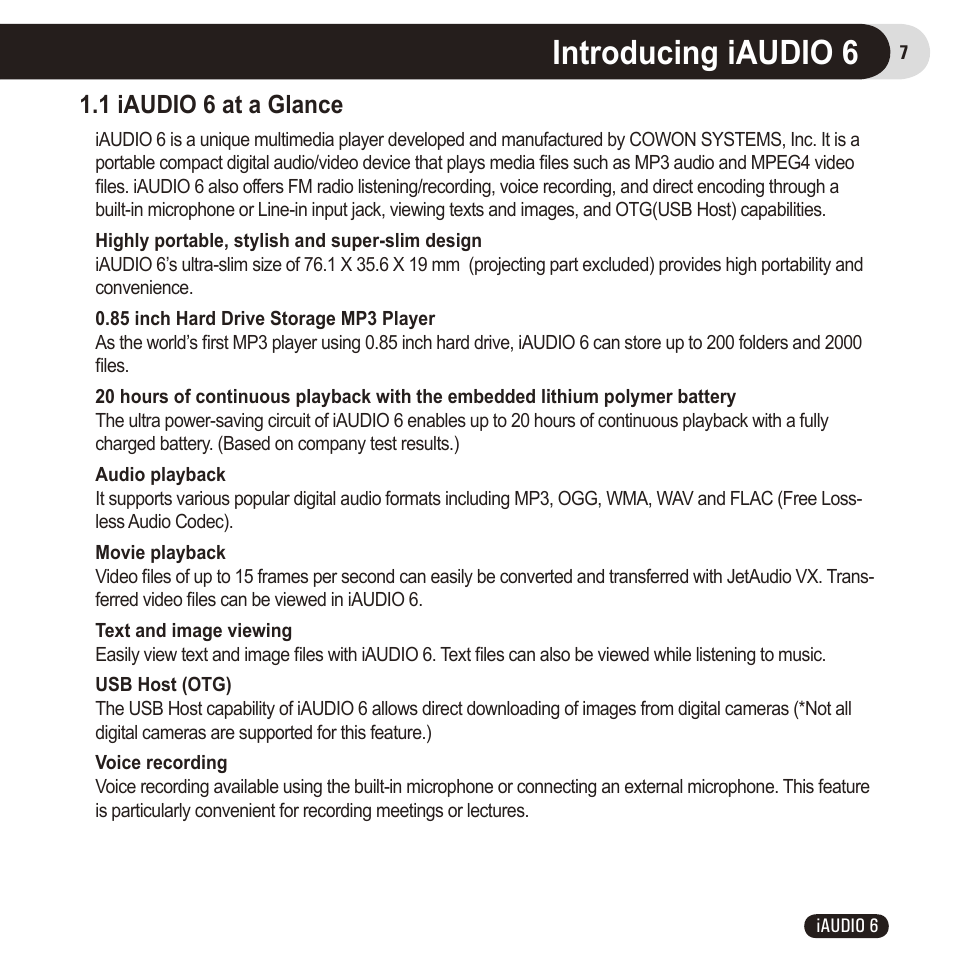 Introducing iaudio 6, 1 iaudio 6 at a glance | Cowon Systems 6 User Manual | Page 7 / 62