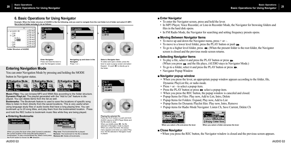 Basic operations for using navigator, Entering navigation mode | Cowon Systems iAUDIO G3 User Manual | Page 11 / 38