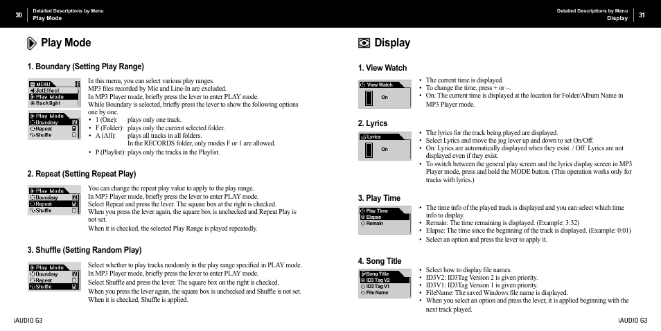 Display, Play mode | Cowon Systems iAUDIO G3 User Manual | Page 16 / 38