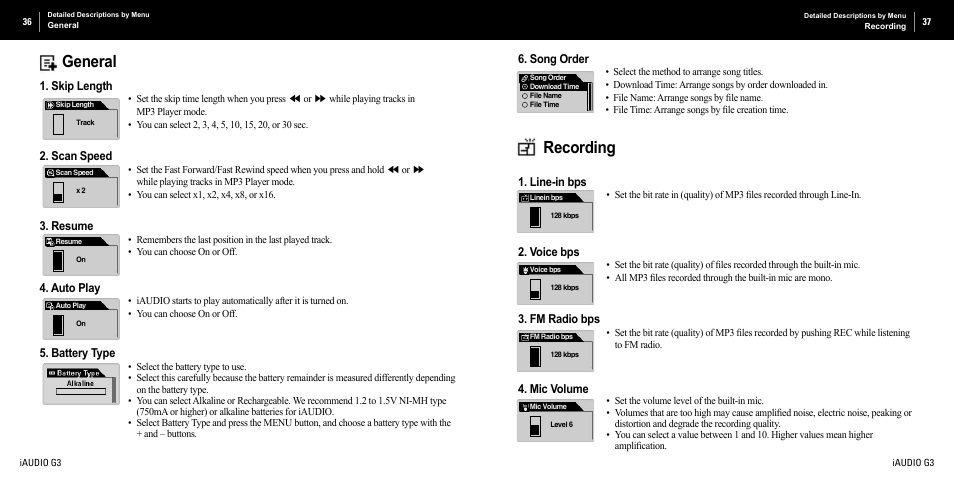 General, Recording | Cowon Systems iAUDIO G3 User Manual | Page 19 / 38