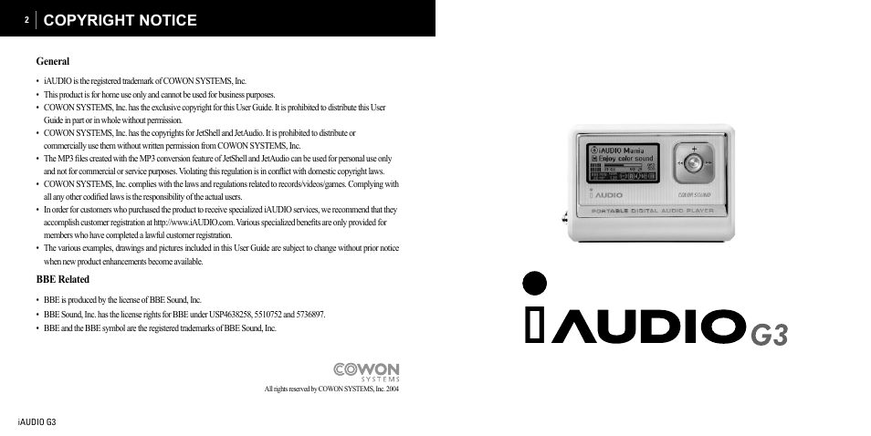 Copyright notice | Cowon Systems iAUDIO G3 User Manual | Page 2 / 38