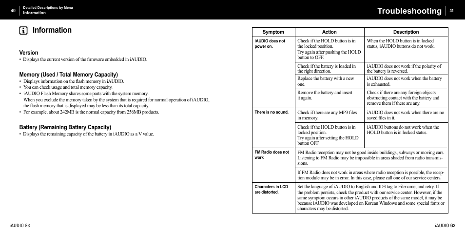 Information, Troubleshooting | Cowon Systems iAUDIO G3 User Manual | Page 21 / 38