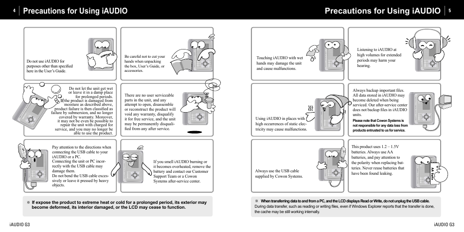 Precautions for using iaudio | Cowon Systems iAUDIO G3 User Manual | Page 3 / 38