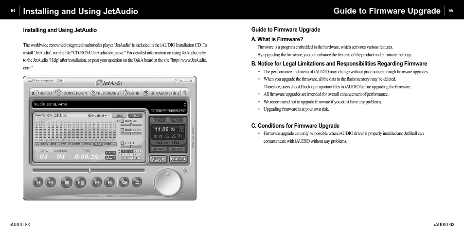 Guide to firmware upgrade, Installing and using jetaudio | Cowon Systems iAUDIO G3 User Manual | Page 33 / 38