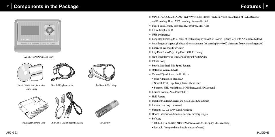 Components in the package, Features | Cowon Systems iAUDIO G3 User Manual | Page 6 / 38