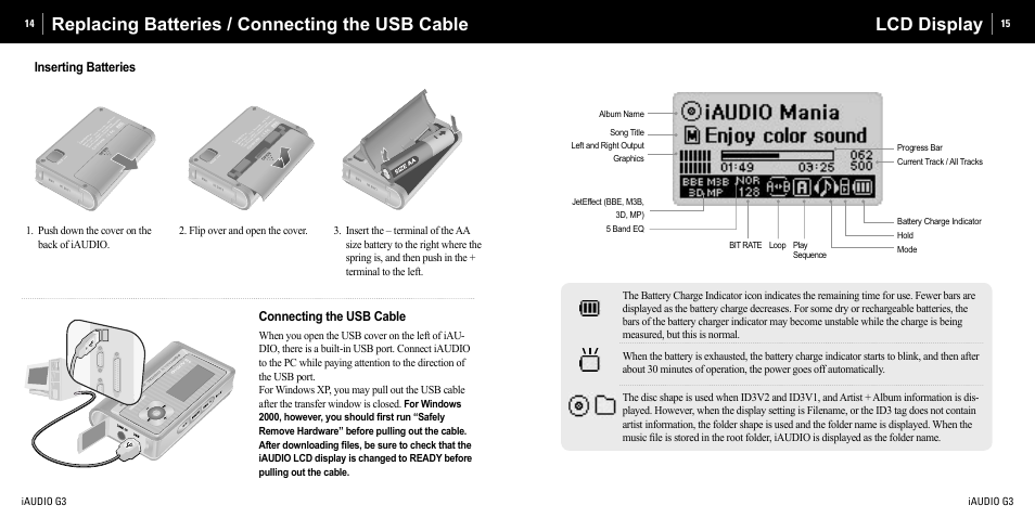 Replacing batteries / connecting the usb cable, Lcd display | Cowon Systems iAUDIO G3 User Manual | Page 8 / 38