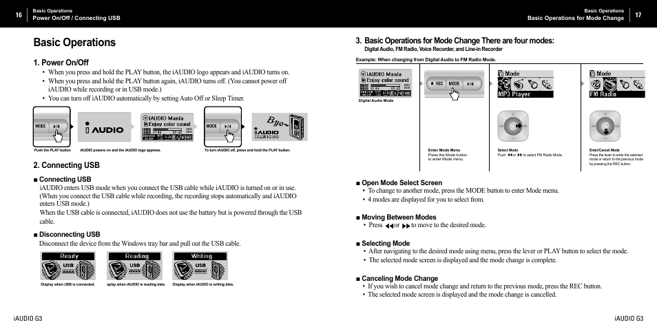 Basic operations, Power on/off, Connecting usb | Cowon Systems iAUDIO G3 User Manual | Page 9 / 38