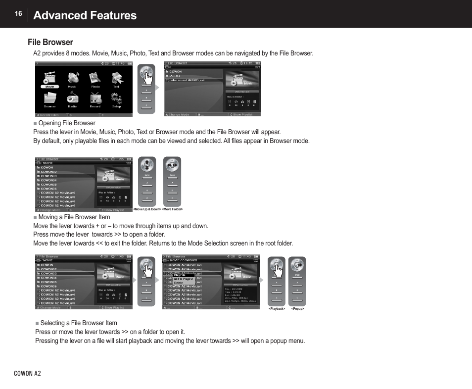 Advanced features, File browser | Cowon Systems A2 User Manual | Page 16 / 36