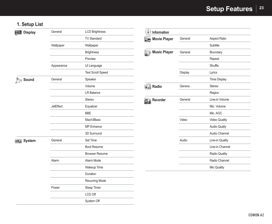 Setup features, Setup list | Cowon Systems A2 User Manual | Page 23 / 36