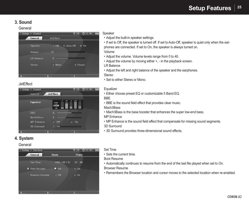 Setup features | Cowon Systems A2 User Manual | Page 25 / 36