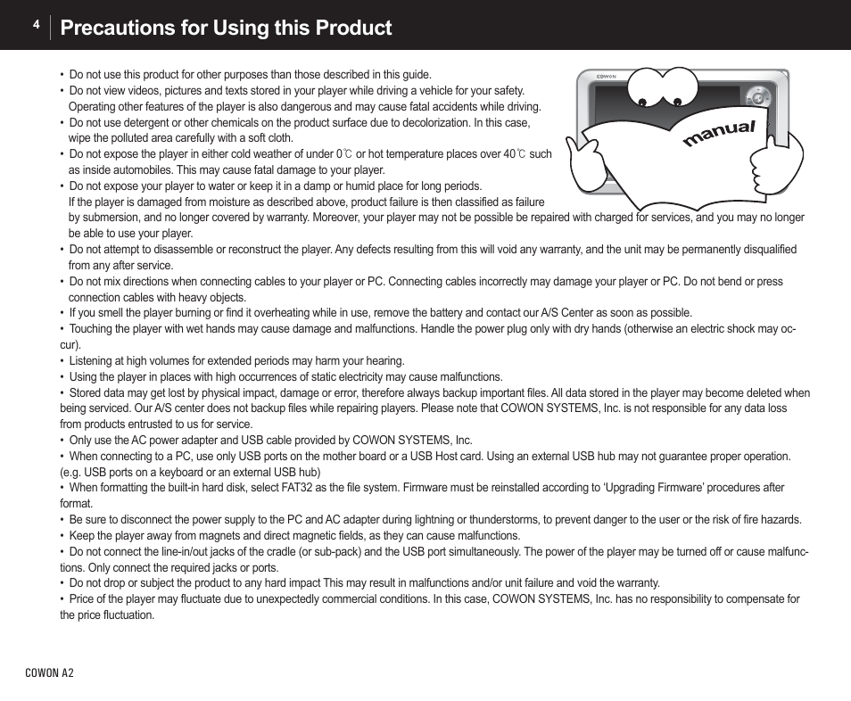 Precautions for using this product | Cowon Systems A2 User Manual | Page 4 / 36