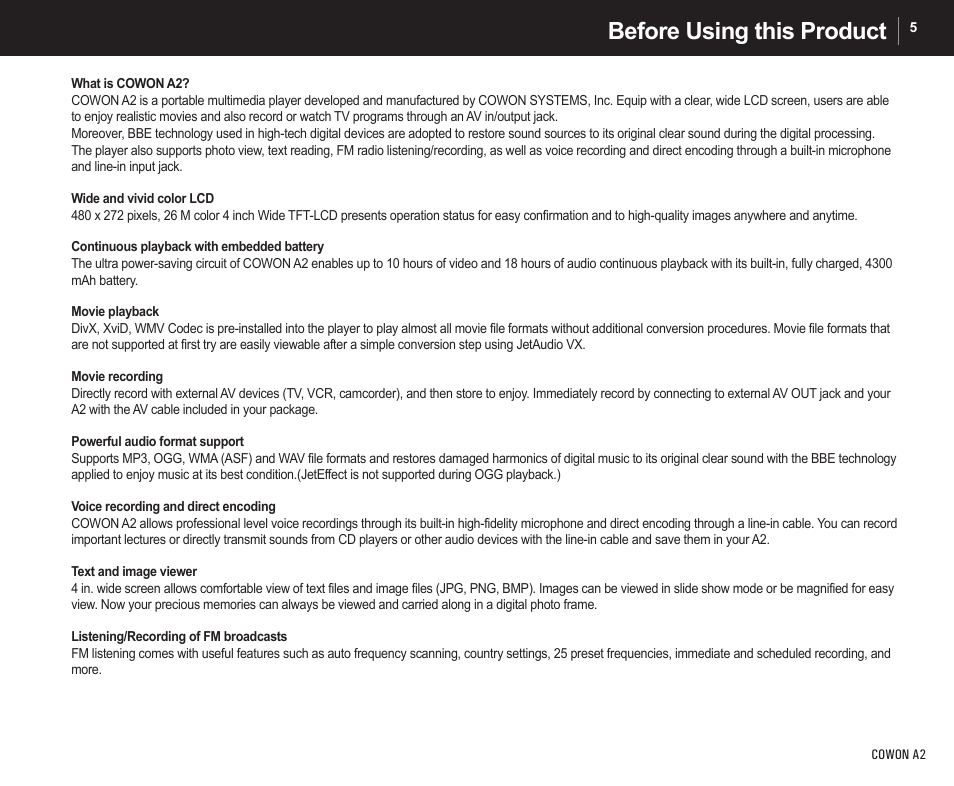 Before using this product | Cowon Systems A2 User Manual | Page 5 / 36