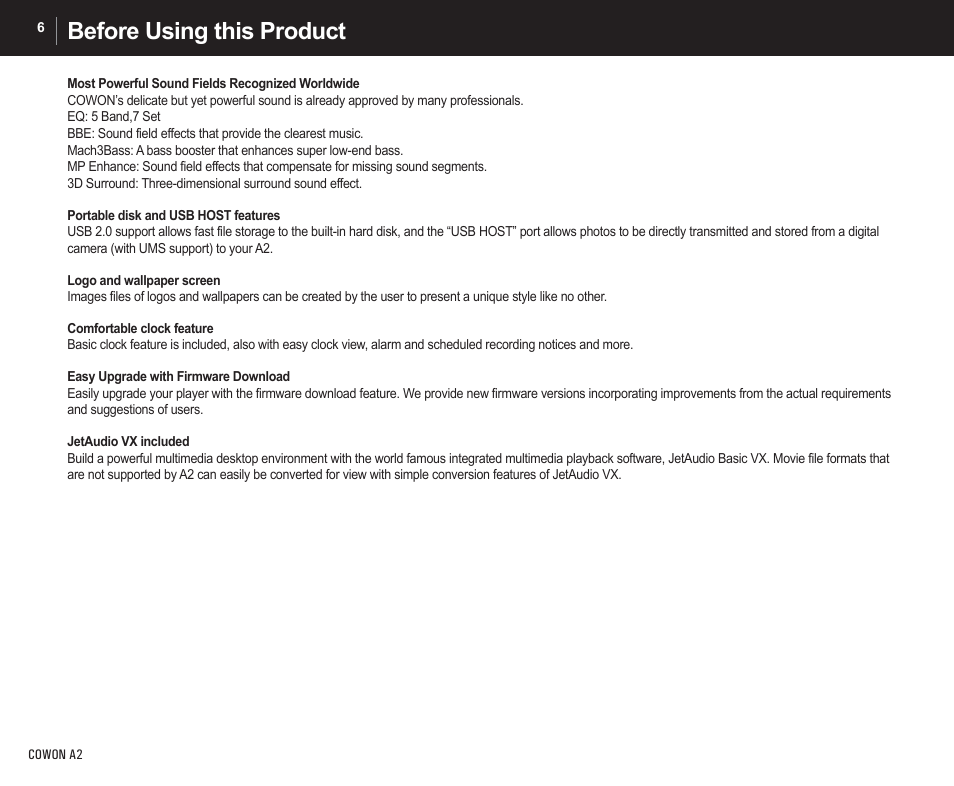 Before using this product | Cowon Systems A2 User Manual | Page 6 / 36
