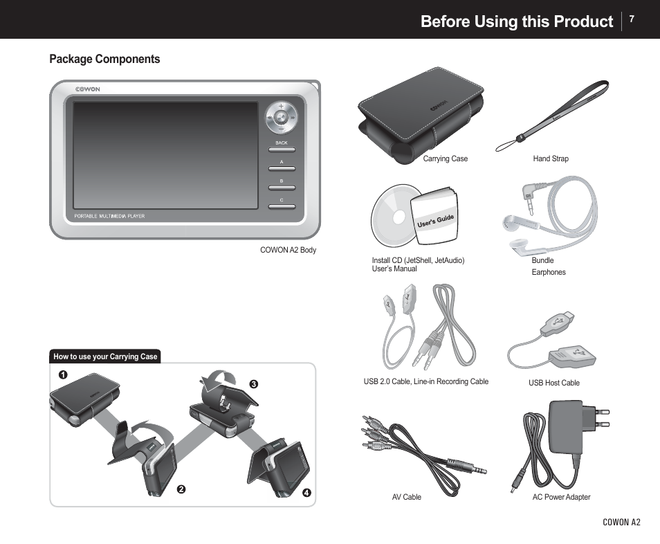 Before using this product, Package components | Cowon Systems A2 User Manual | Page 7 / 36