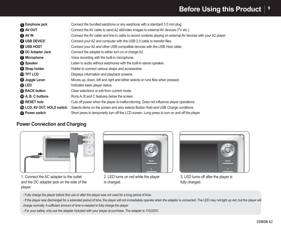 Before using this product, Power connection and charging | Cowon Systems A2 User Manual | Page 9 / 36
