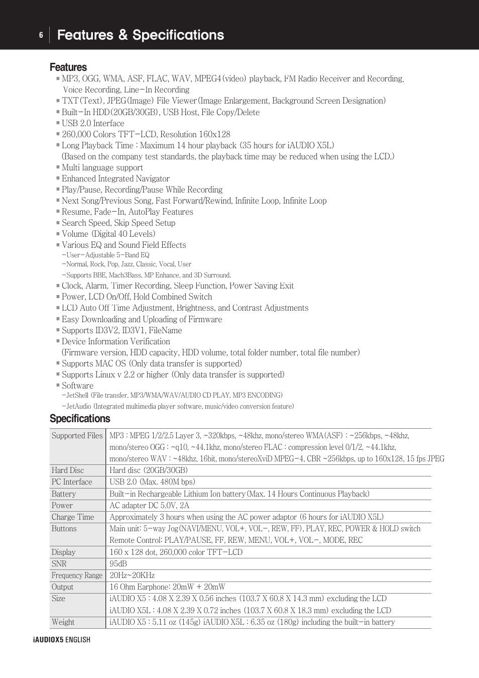 Features, Specifications | Cowon Systems cell phone User Manual | Page 6 / 20