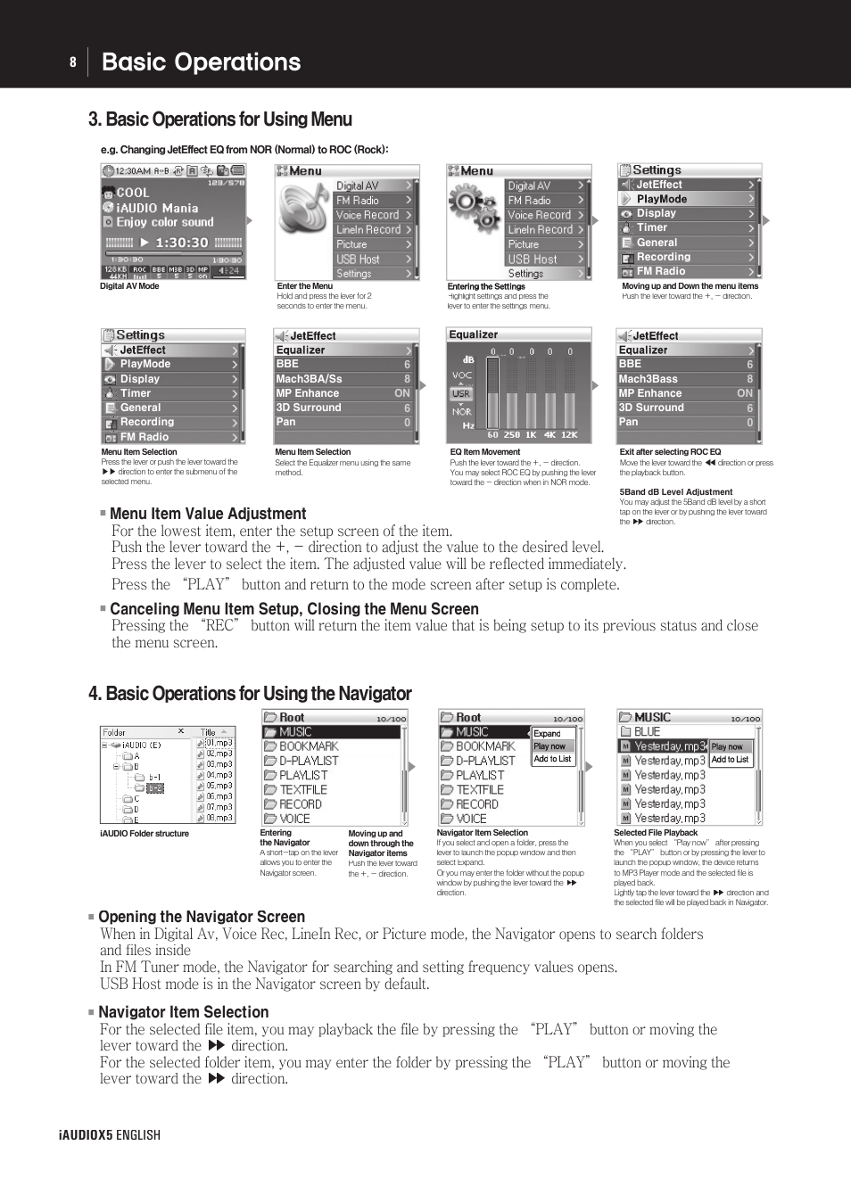 Basic operations for using menu, Basic operations for using the navigator, Iaudiox5 english 8 | Cowon Systems cell phone User Manual | Page 8 / 20