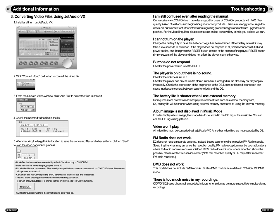 Troubleshooting additional information, Converting video files using jetaudio vx | Cowon Systems COWON D2 User Manual | Page 12 / 17