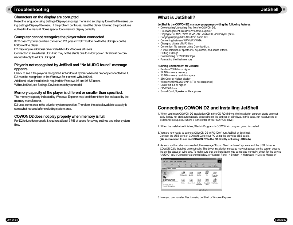 Troubleshooting, Jetshell what is jetshell, Connecting cowon d2 and installing jetshell | Cowon Systems COWON D2 User Manual | Page 13 / 17