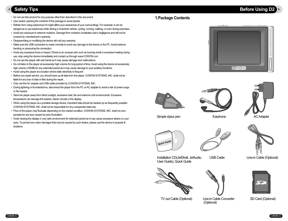 Before using d2 safety tips, Package contents | Cowon Systems COWON D2 User Manual | Page 3 / 17