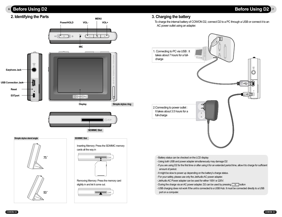 Before using d2, Identifying the parts, Charging the battery | Cowon Systems COWON D2 User Manual | Page 4 / 17