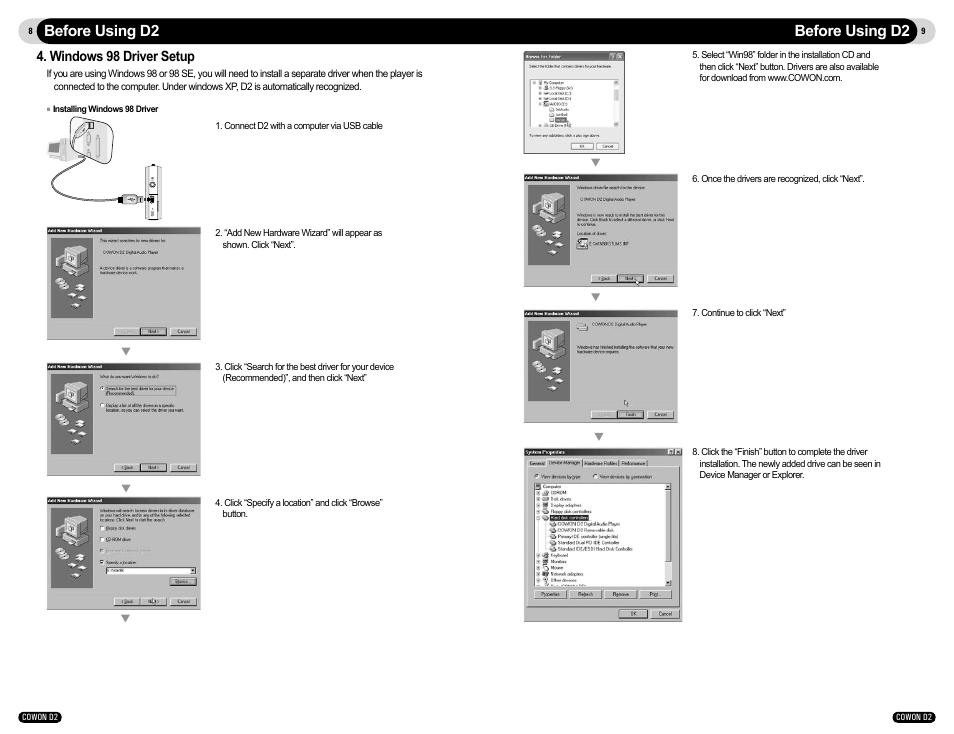 Before using d2, Windows 98 driver setup | Cowon Systems COWON D2 User Manual | Page 5 / 17