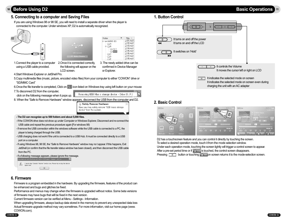 Basic operations before using d2, Connecting to a computer and saving files, Firmware | Button control, Basic control | Cowon Systems COWON D2 User Manual | Page 6 / 17