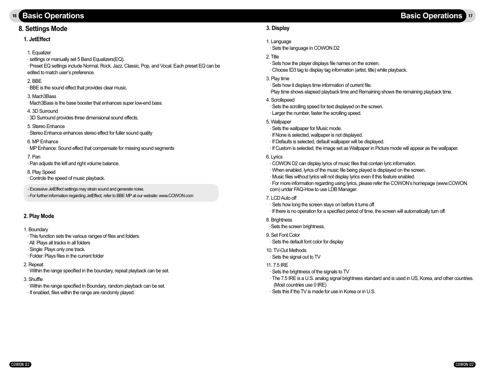 Basic operations, Settings mode | Cowon Systems COWON D2 User Manual | Page 9 / 17