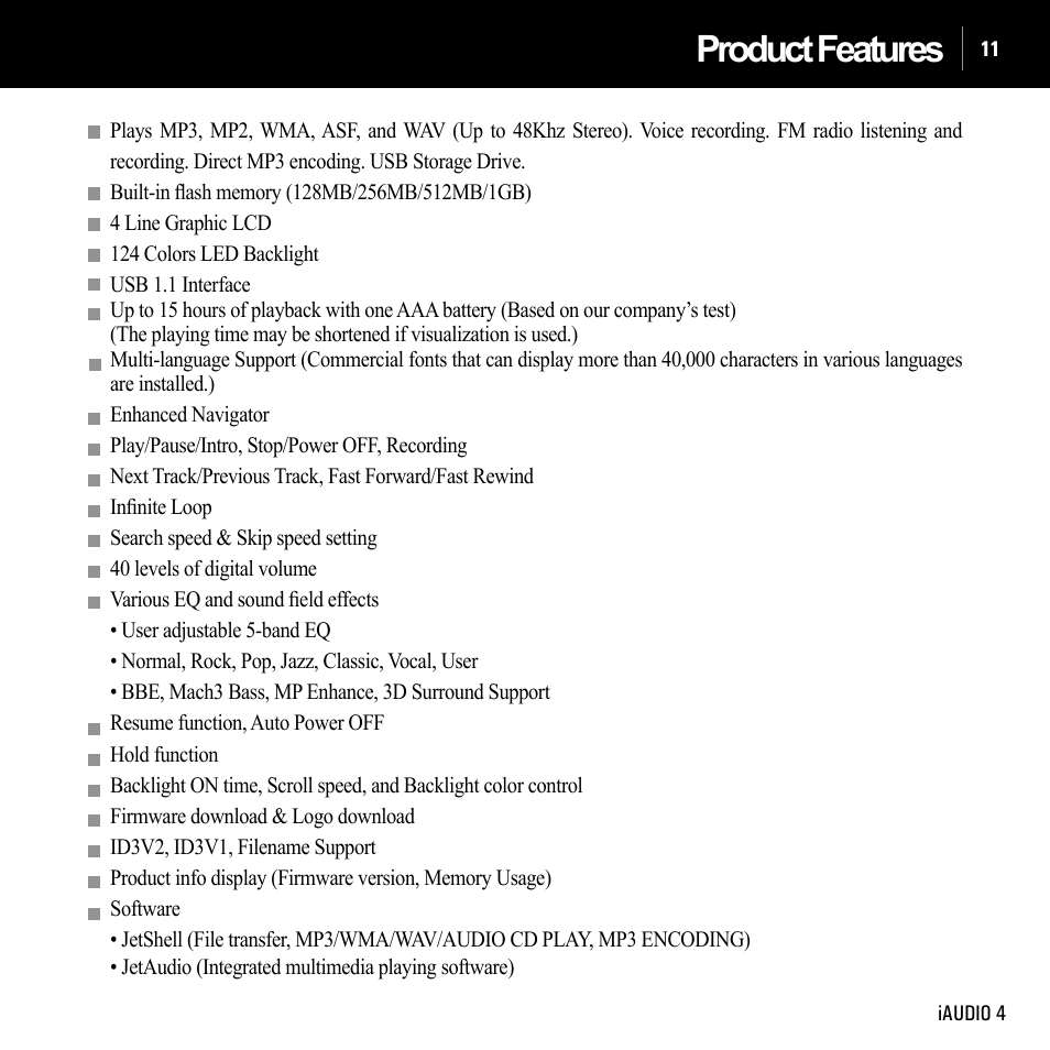 Product features | Cowon Systems IAUDIO 4 User Manual | Page 11 / 73