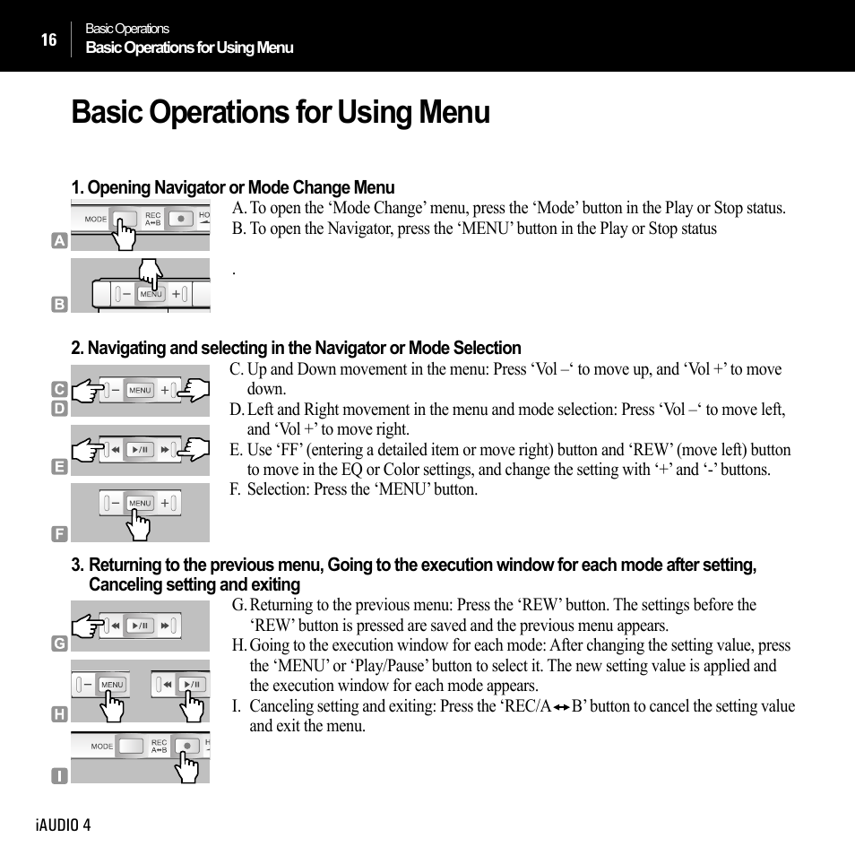 Basic operations for using menu | Cowon Systems IAUDIO 4 User Manual | Page 16 / 73