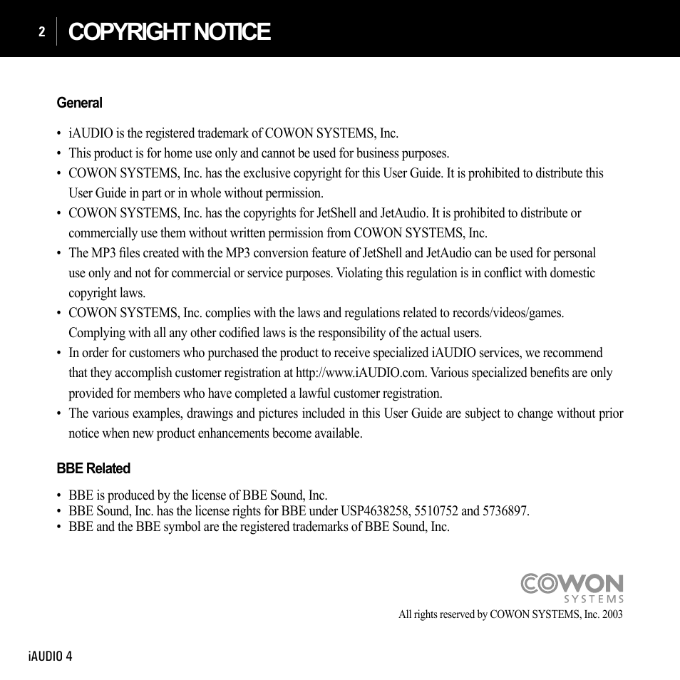 Copyright notice | Cowon Systems IAUDIO 4 User Manual | Page 2 / 73